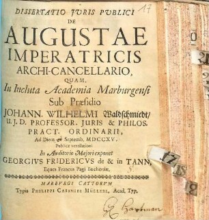 Dissertatio Juris Publici De Augustae Imperatricis Archi-Cancellario