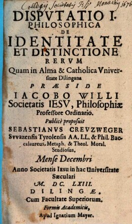 Disp. I. philos. de identitate et distinctione rerum