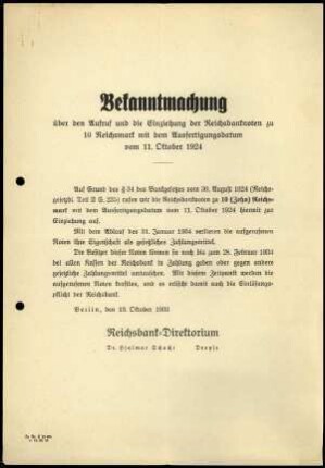 Anlage I. Bekanntmachung des Reichsbank-Direktoriums