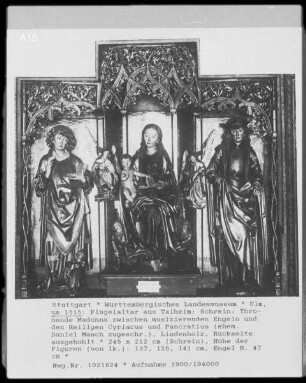 Flügelaltar aus Talheim, Thronende Madonna zwischen musizierenden Engeln und den Heiligen Cyriacus und Pancratius