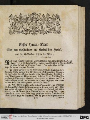 Erster Haupt-Titul: Von den Geschichten des Kaiserlichen Hofes, und den Erblanden disseits der Alpen