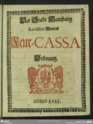 Der Stadt Hamburg Revidirte General Feur-Cassa Ordnung