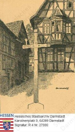 Neustadt im Odenwald, Stammhaus der Familie Büchner (mit Jahreszahl 1569) / davor: Zentgerichtskreuz