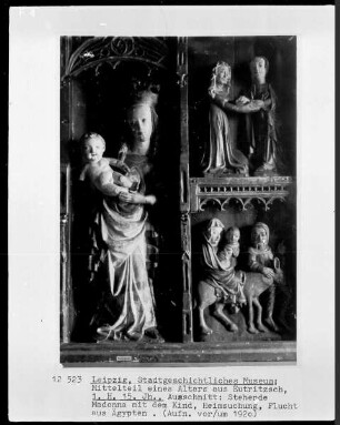 Mittelteil eines Altars aus Eutritzsch, Detail: Stehende Madonna mit Kind, Heimsuchung und Flucht aus Ägypten
