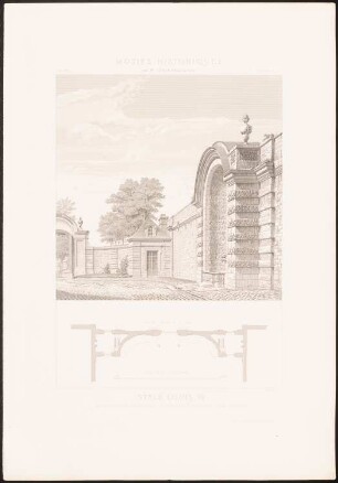 Manufacture, Sèvres: Grundriss, Perspektivische Ansicht (aus: Motifs historiques d´architecture et de sculpture d´ornement, hrsg.v. César Daly, Bd.2, 1870)