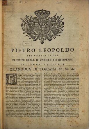 Editto di Pietro Leopoldo Granduca di Toscana, intorno alla riforma della legislazione criminale : Dato in Pisa 30. Nov. 1786