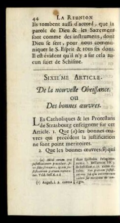 Sixiéme Article. De la nouvelle Obeissance. Ou Des bonnes oeuvres.