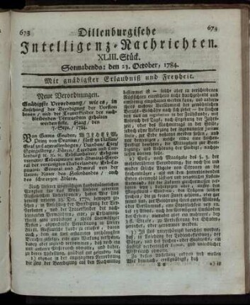 XLIII. Stück. Sonnabends: den 23. October, 1784.