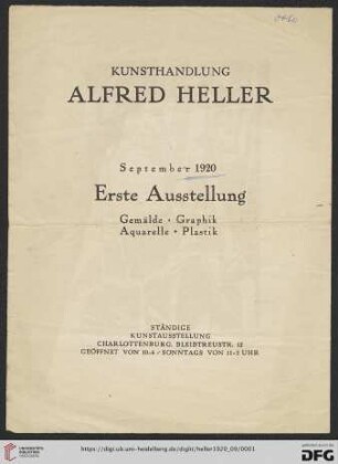 Erste Ausstellung : Gemälde, Graphik, Aquarelle, Plastik : September 1920