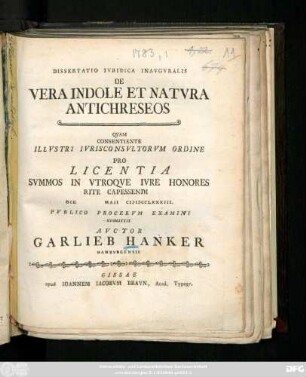 Dissertatio Ivridica Inavgvralis De Vera Indole Et Natvra Antichreseos