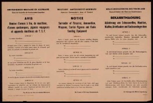 "Bekanntmachung, Ablieferung von Schußwaffen, Munition, Waffen, Brieftauben und Radiosendegeräten" (2800-4-45)