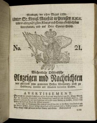 No. 21. Montags, den 18ten Majus 1772.