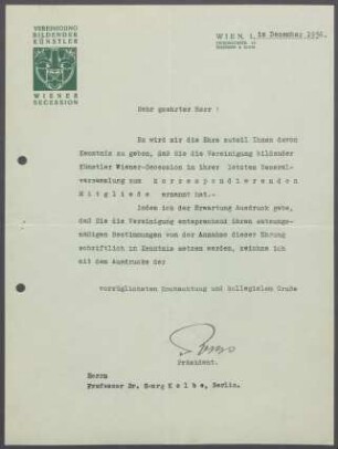 Briefwechsel zwischen der Wiener Secession und Georg Kolbe