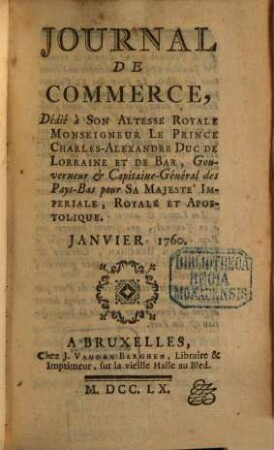 Journal de commerce. 1760,[1] = T. 7. Janvier