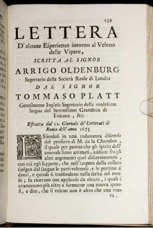 Lettera D'alcune Esperienze intorno al Veleno delle Vipere, Scritta a al Signor Arrigo Oldenburg