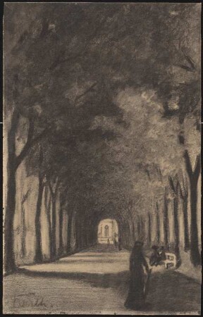 Osterholzer Friedhof, Bremen: Perspektivische Ansicht mit Blick durch einen baumüberdachten Weg auf die Kapelle