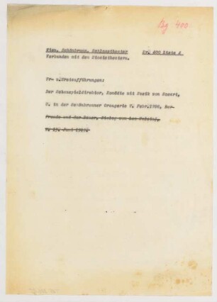 Schlosstheater Schönbrunn: Schriftstück zum Fragebogen für das Handbuch »Das Deutsche Theater«