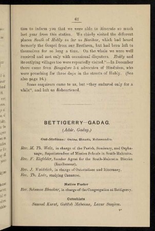 67-70, Bettigerry-Gadag (Addr. Gadag, with out-stations Gadag, Shagoti, Malasamudra)