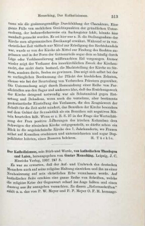 513-519 [Rezension] Mensching, Gustav [Hrsg.], Der Katholizismus, sein Stirb und Werde