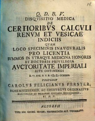 Disqvisitio Medica De Certioribvs Calcvli Renvm Et Vesicae Indiciis