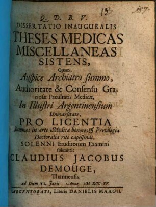Diss. inaug. theses medicas miscellaneas sistens
