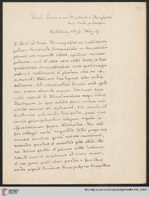 Briefabschriften von Ernst Volger (1888) aus der Sammlung Rehdiger der Stadtbibliothek Breslau. Teil I: Baudiss, Beutterich, Ehemius, Haller, Melissus, Ostrorog, Pareus, Rehdiger und Reuter.: Brief von David Pareus an Nicolaus von Burghaus : Abschriften von E. Volger
