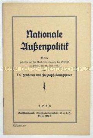 Geheftete Flugschrift mit dem Wortlaut einer Rede auf der Reichsführertagung der DNVP zur Außenpolitik