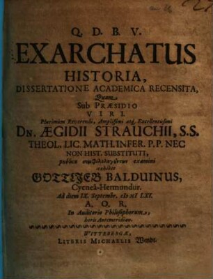 Exarchatus historia : Dissertatione Academica Recensita