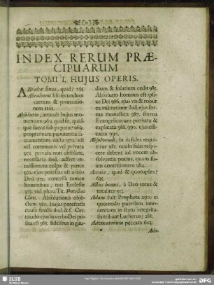 Index Rerum Praecipuarum Tomi I. Huius Operis
