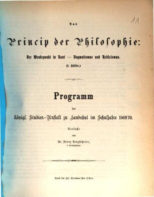 Programm der Kgl. Bayer. Studienanstalt Landshut : für das Schuljahr .... 1869/70