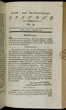 Kunst- und Buchhandlungs-Zeitung. No. 9. Den 30ten August 1790.