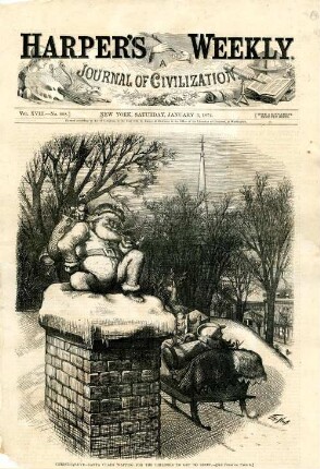 Christmas Eve. - Santa Claus waiting for the children to get to sleep : Santa Claus sitzt auf dem Schornstein eines Hauses und wartet darauf, dass die Kinder zu Bett gehen (zu S. 4)