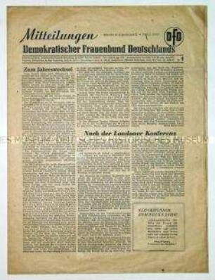 Mitteilungsblatt des Demokratischen Frauenbundes u.a. zu den Ergebnissen der Londoner Außenministerkonferenz der Alliierten