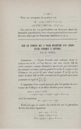 Sur le cercle qui a pour diamètre une corde d'une conique a centre.