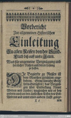 Vorbericht Zur allgemeinen Historischen Einleitung Zu allen Reisen von der Sünd-Fluth biß auff unsre Zeiten