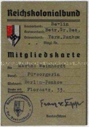Mitgliedskarte des Reichskolonialbundes