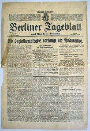 "Berliner Tageblatt" zur Forderung der SPD nach Abdankung des Kaisers