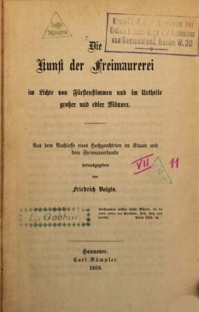 Die Kunst der Freimaurerei im Lichte von Fürstenstimmen und im Urtheile grosser und edler Männer