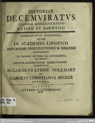 Historiae Decemviratus Quaedam Apospasmatia E Livio Et Dionysio Exercitatio Historica