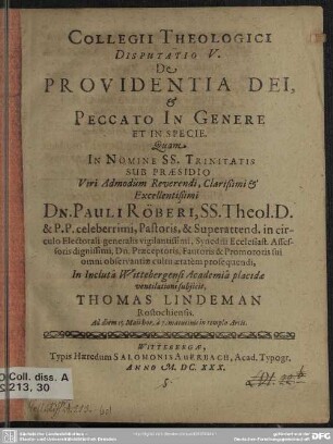 5: De providentia dei, et peccato in genere et in specie