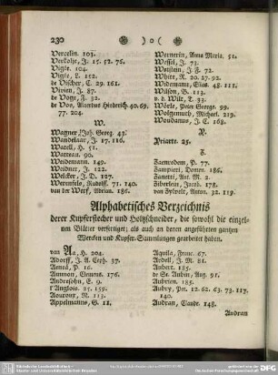 Alphabetisches Verzeichnis derer Kupferstecher und Holtzschneider, die sowohl die einzelnen Blätter verfertiget, als auch an denen angeführten gantzen Wercken und Kupfer-Sammlungen gearbeitet haben