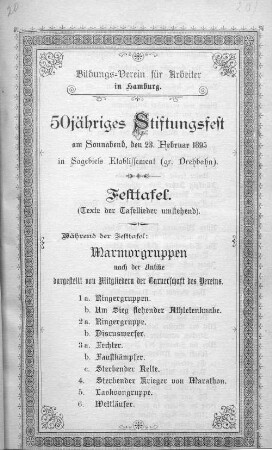 1895: Festtafell // Bildungs-Vereins für Arbeiter in Hamburg : ... Stiftungs-Fest am ...