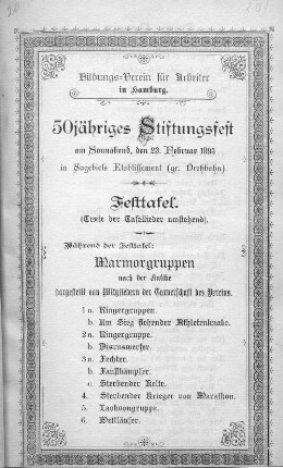 1895: Festtafell // Bildungs-Vereins für Arbeiter in Hamburg : ... Stiftungs-Fest am ...
