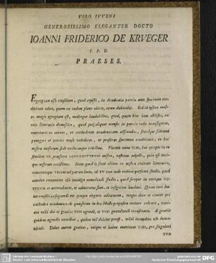 Viro Iuueni Generosissimo Eleganter Docto Joanii Friderico De Krueger ... Praeses