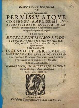 Dispvtatio Ivridica De Legatis & Fideicommißis