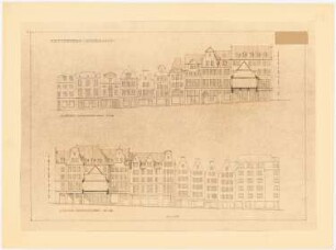 Nachkriegsneugestaltung der Kreuzung Kohlmarkt, Breite Straße, Wahmstraße, Sandstraße, Lübeck: Aufriss 1:200: Straßenansichten der Häuserzeilen Wahmstraße 2 - 18 (Südseite), Wahmstraße 17 - 21 (Nordseite)
