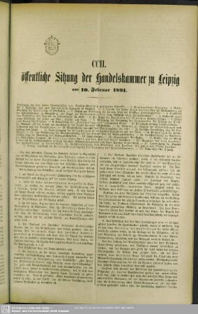 CCII. öffentliche Sitzung der Handelskammer zu Leipzig am 10. Februar 1891
