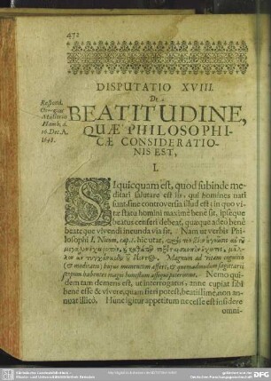Disputatio XVIII. De Beatitudine, Quae Philosophicae Considerationis Est