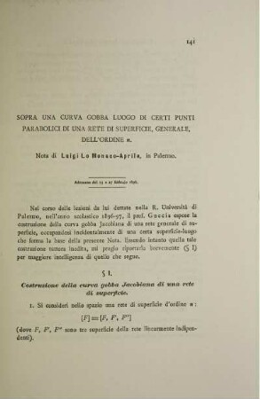 Sopra una curva gobba luogo di certi punti parabolici di una rete di superficie generale dell´ordine.
