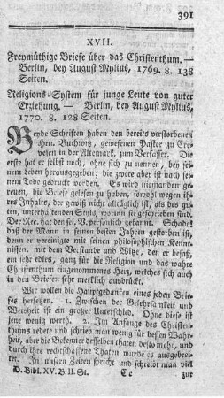 Freymüthige Briefe über das Christenthum. Religions-System für junge Leute von guter Erziehung.